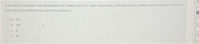 in the basic EOQ model, if annual demand is 95,
