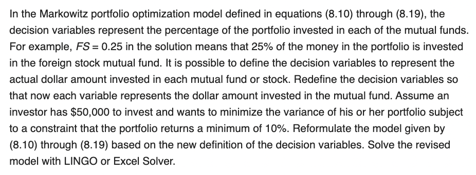 Please use Excel Solver In the Markowitz