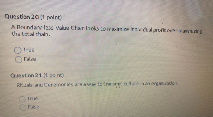 Question 20 (1 point) A Boundary-less Value Chain