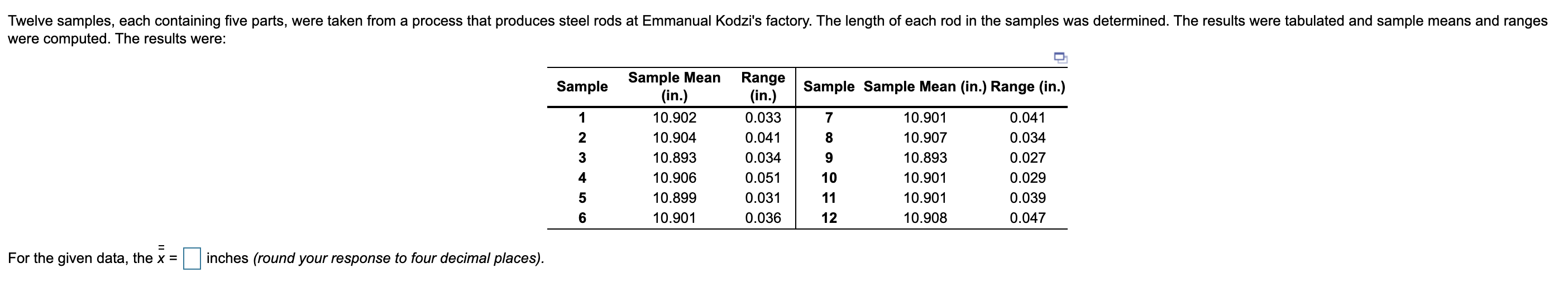 Twelve samples, each containing five parts, were