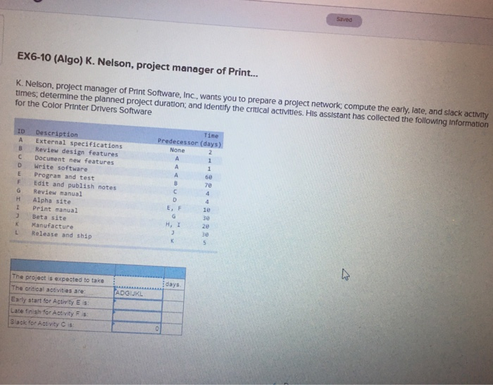 EX6-10 (Algo) K. Nelson, project manager of