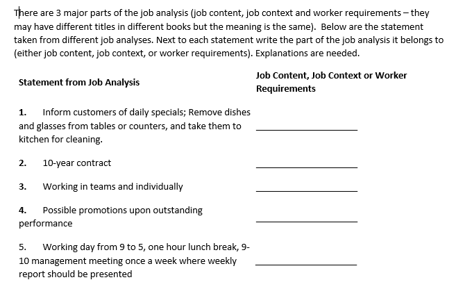 There are 3 major parts of the job analysis (job