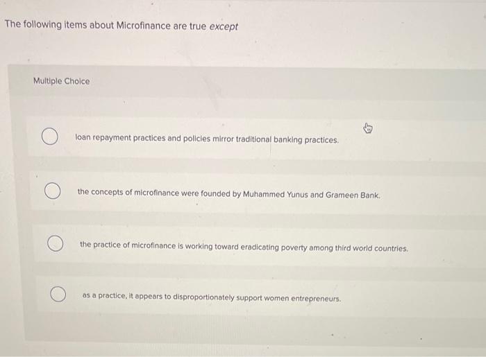 The following items about Microfinance are true