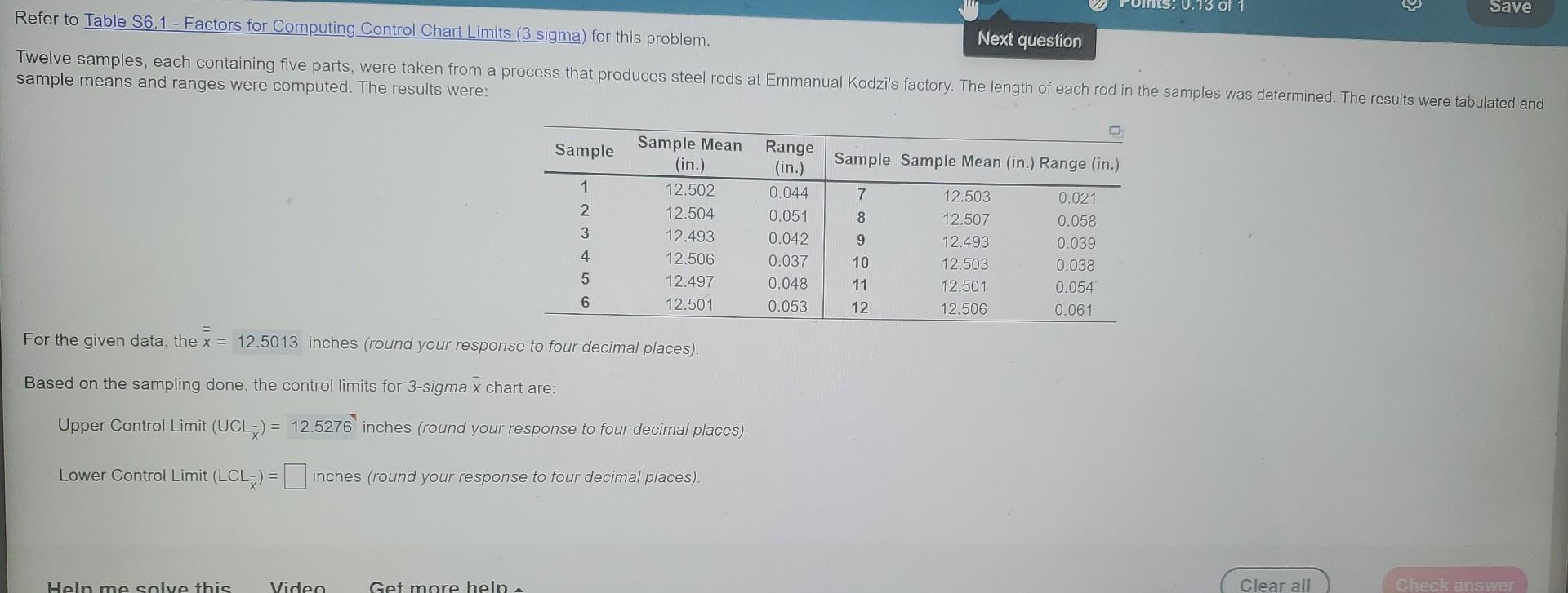 Next question Refer to Table S6.1 - Factors for