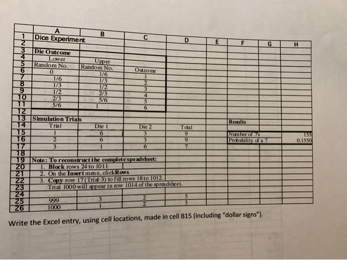 1 Dice Experiment C E F 2 3 G 1 4 Outcome Die
