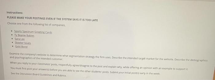 Instructions: PLEASE MAKE YOUR POSTINGS EVEN IF