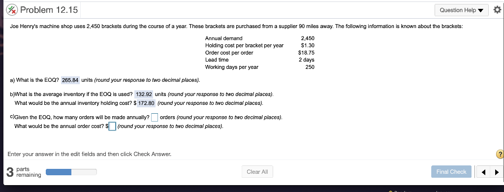 Problem 12.15 Question Help Joe Henry's machine