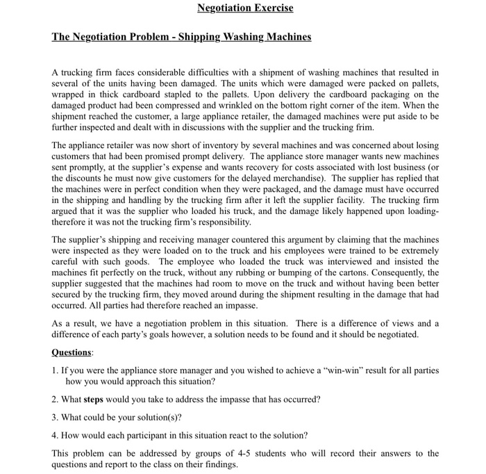 Negotiation Exercise The Negotiation Problem -