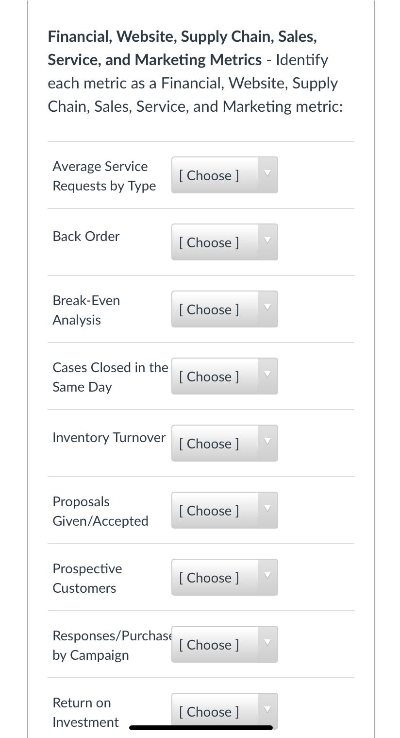 Financial, Website, Supply Chain, Sales, Service,