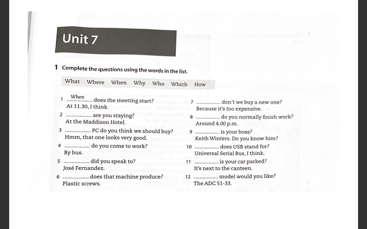 Unit 7 1 Complete the questions using the words
