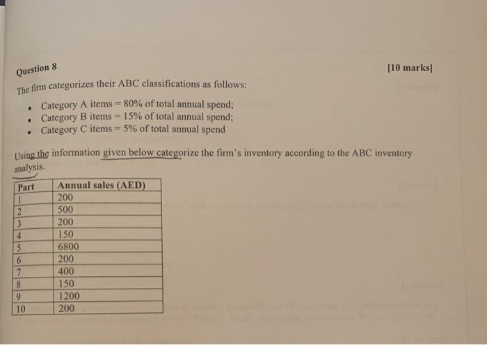Question 8 [10 marks) The firm categorizes their