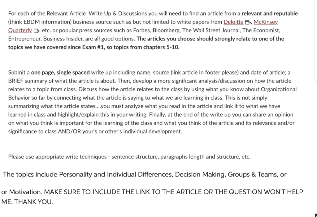 For each of the Relevant Article Write Up \&