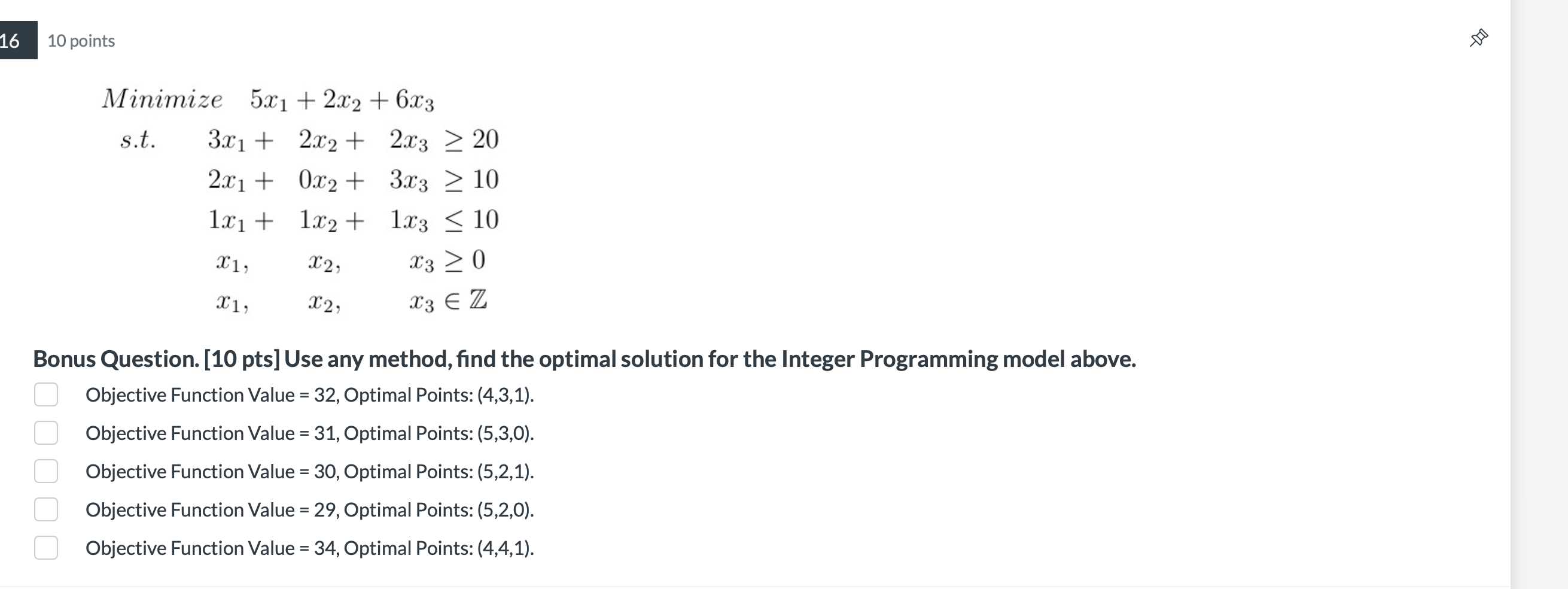 16 10 points to Minimize 5.x1 + 2x2 + 6.23 s.t.