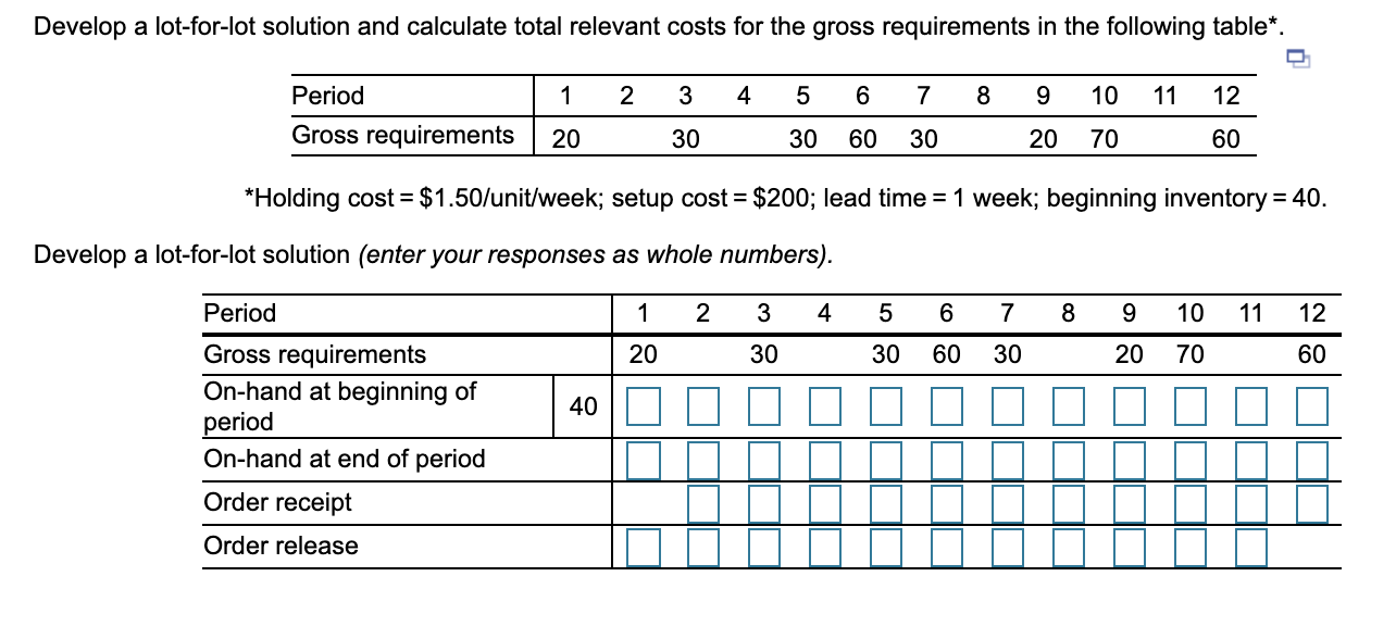 Develop a lot-for-lot solution and calculate