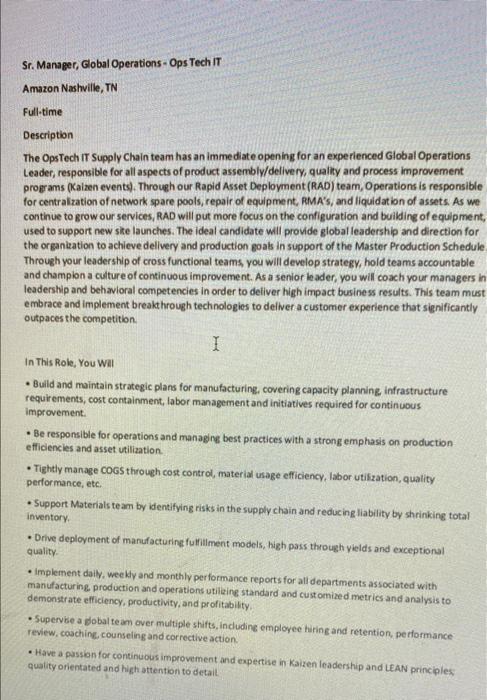 Sr. Manager, Global Operations-Ops Tech IT Amazon