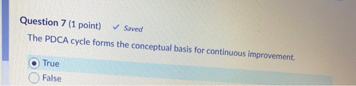Question 7 (1 point) Saved The PDCA cycle forms