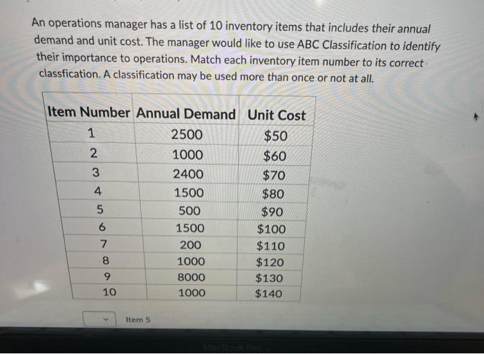 An operations manager has a list of 10 inventory