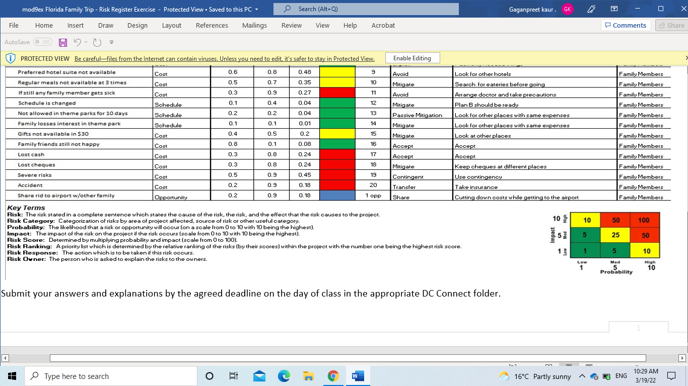 mod9ex Florida Family Trip - Risk Register