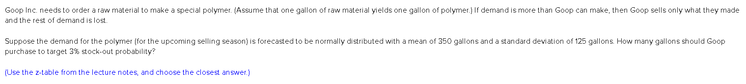 Goop Inc. needs to order a raw material to make a