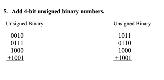 5. Add 4-bit unsigned binary numbers. Unsigned
