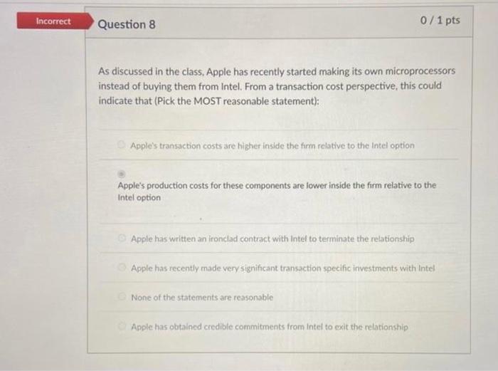 Incorrect Question 8 0/1 pts As discussed in the