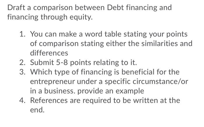 Draft a comparison between Debt financing and