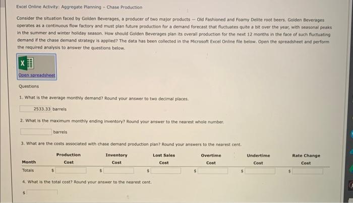 Excel Online Activity: Aggregate Planning - Chase