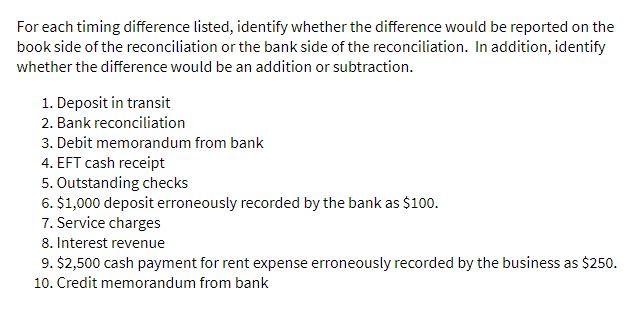 For each timing difference listed, identify