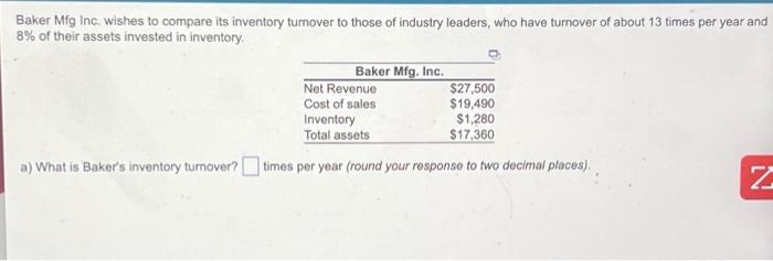 Baker Mfg Inc. wishes to compare its inventory