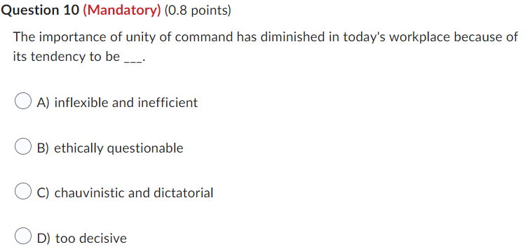 Question 10 (Mandatory) (0.8 points) The