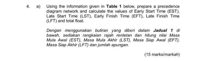 4. a) Using the information given in Table 1