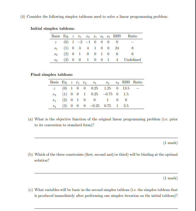 (4) Consider the following simplex tableaus used