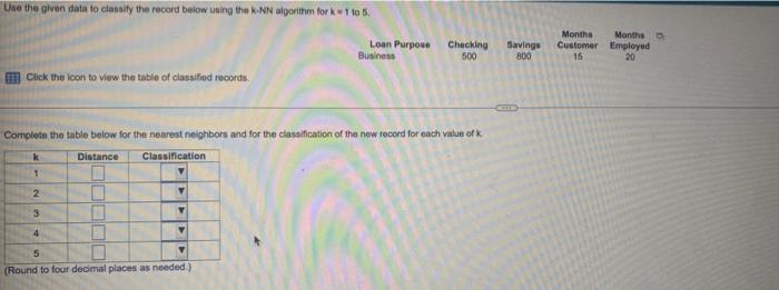 excel Use the given data to classify the record