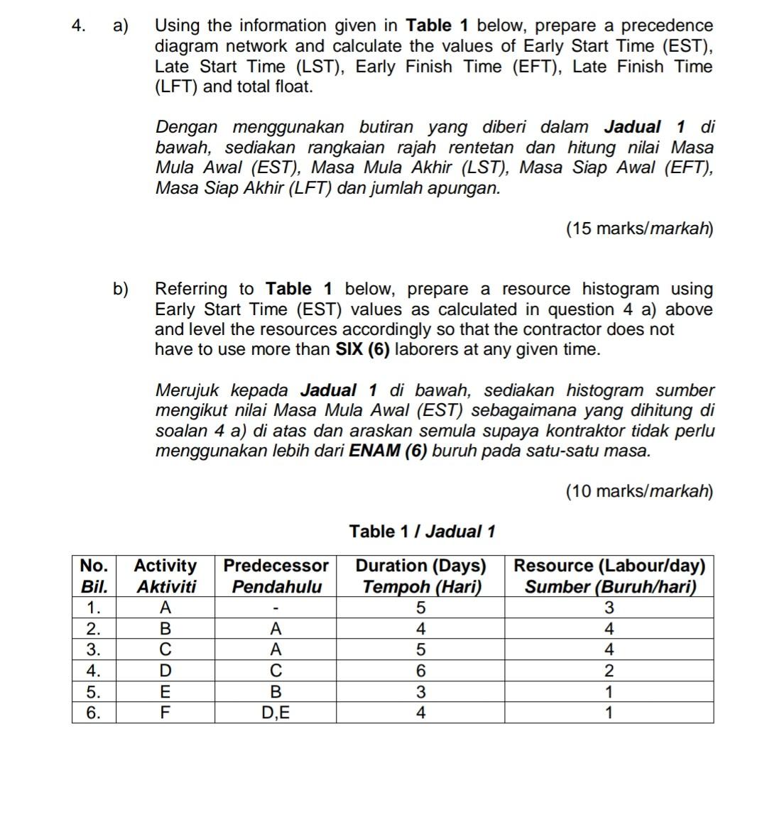 4. a) Using the information given in Table 1