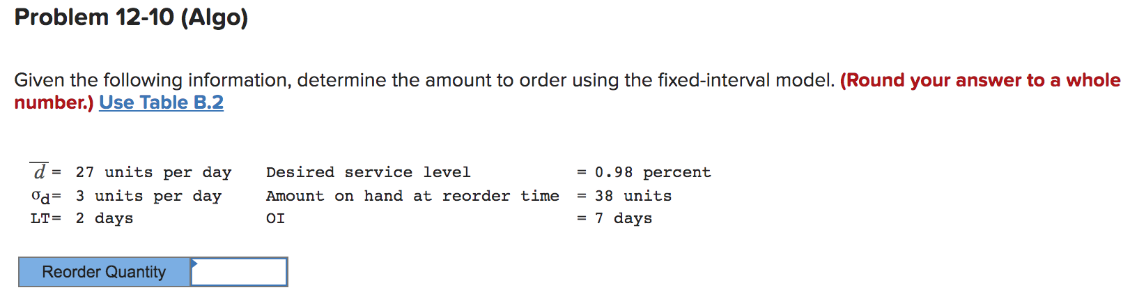 Problem 12-10 (Algo) Given the following