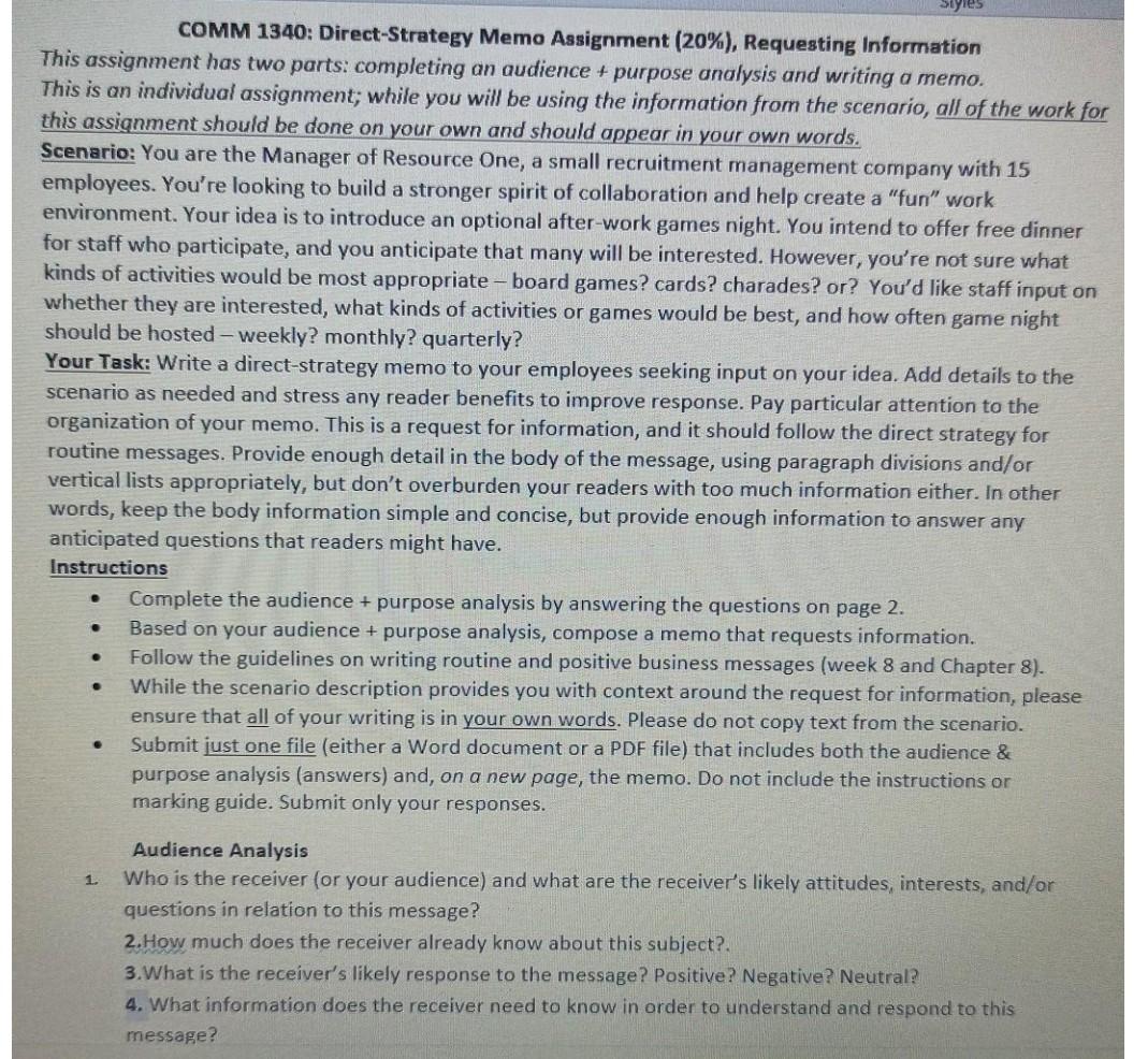 COMM 1340: Direct-Strategy Memo Assignment (20%),