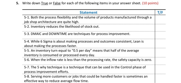 5. Write down True or False for each of the