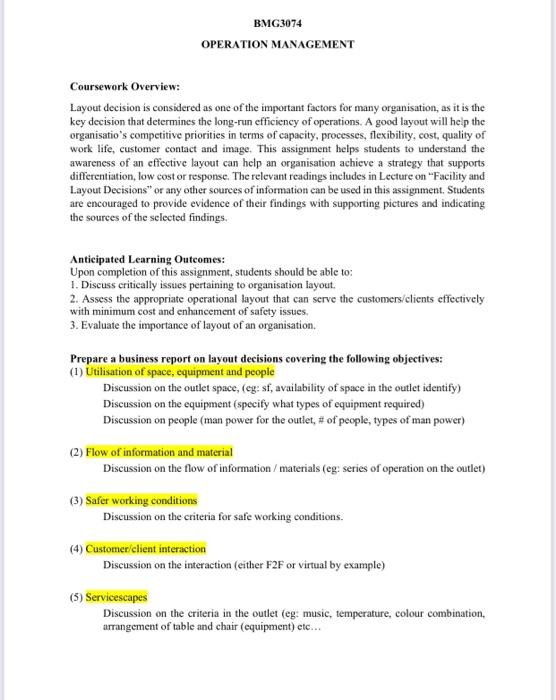 BMG3074 OPERATION MANAGEMENT Coursework Overview: