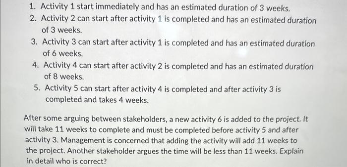Thanks! 2. Activity 2 can start after activity 1