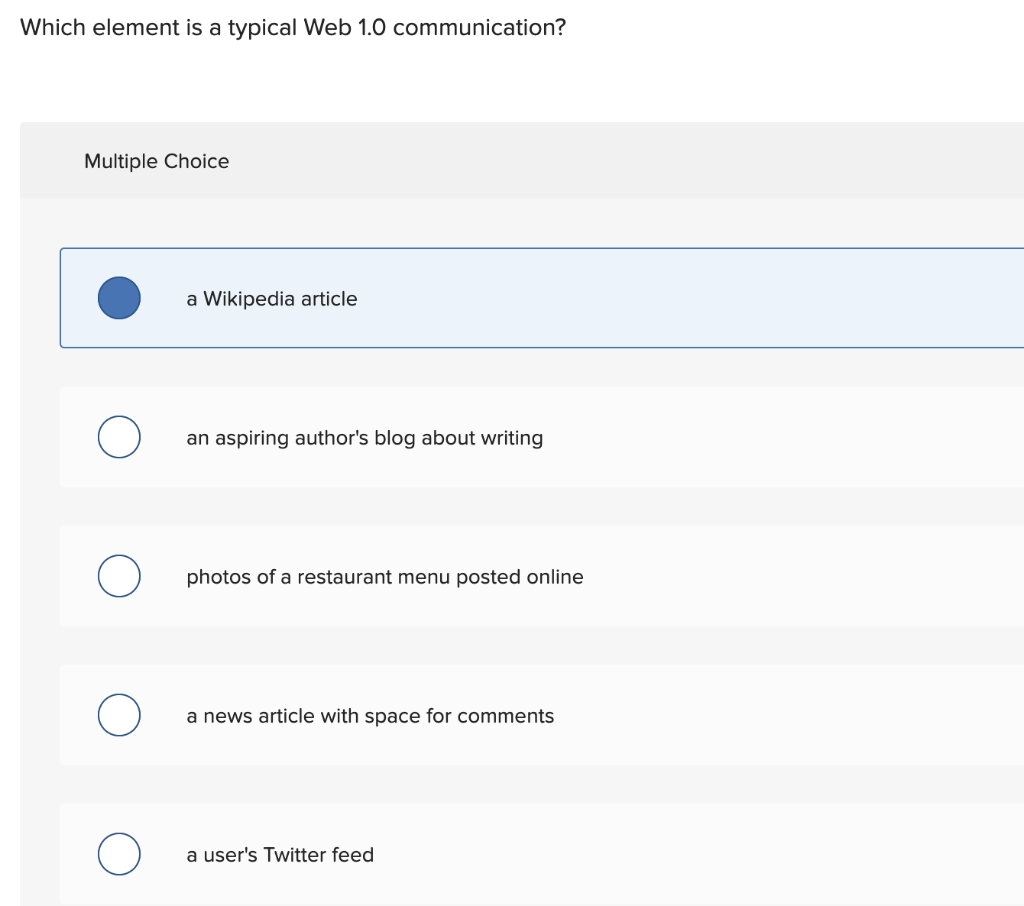 Which element is a typical Web 1.0 communication?