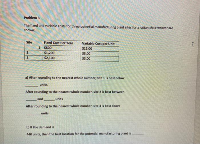 Problem 3 The fixed and variable costs for three