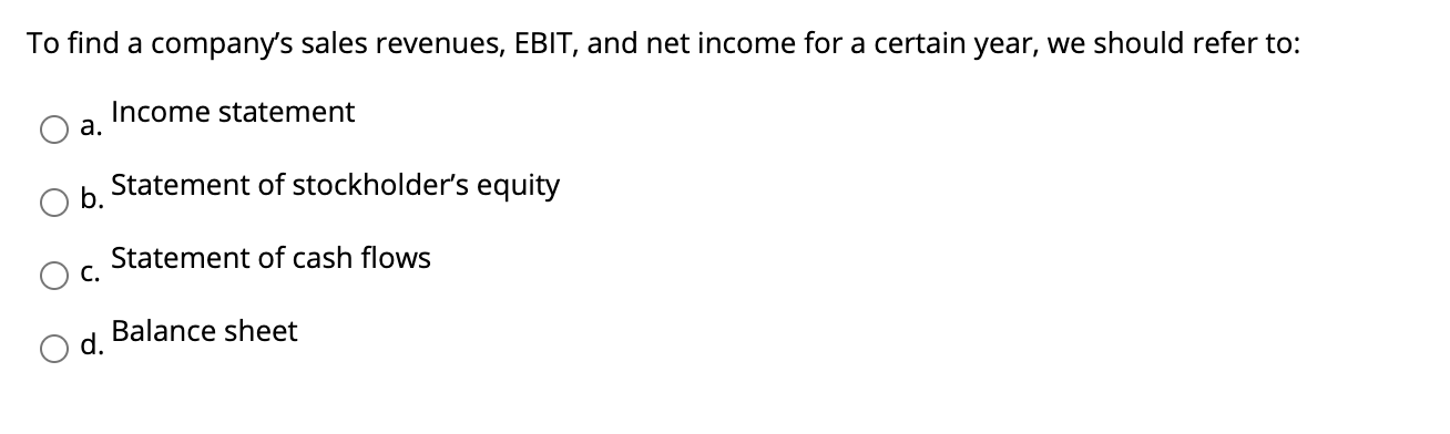 To find a company's sales revenues, EBIT, and net