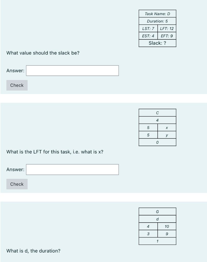Task Name: D Duration: 5 LST: 7 LFT: 12 EST: 4