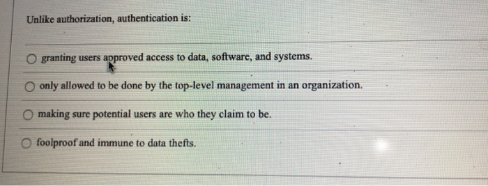 Unlike authorization, authentication is: O