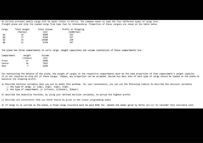 Linear Programming Model. An Airline provides