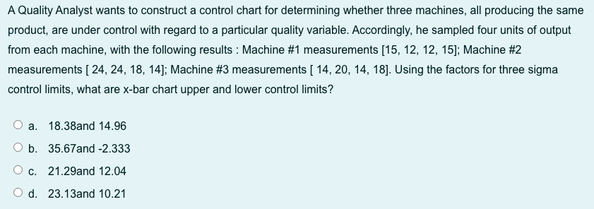 26. A Quality Analyst wants to construct a