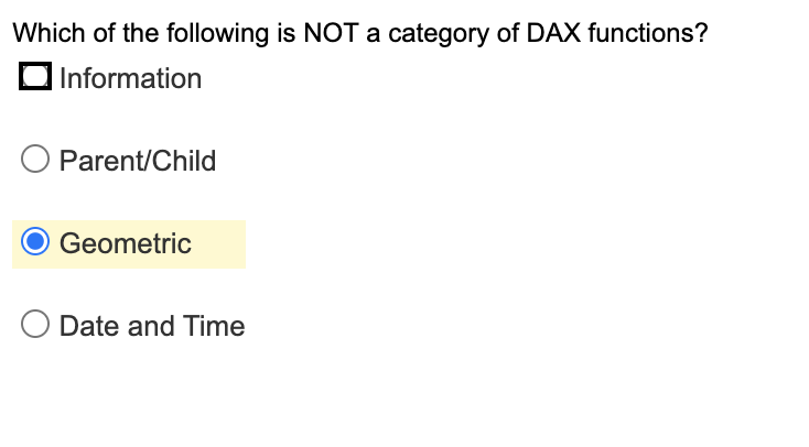 Which of the following is NOT a category of DAX