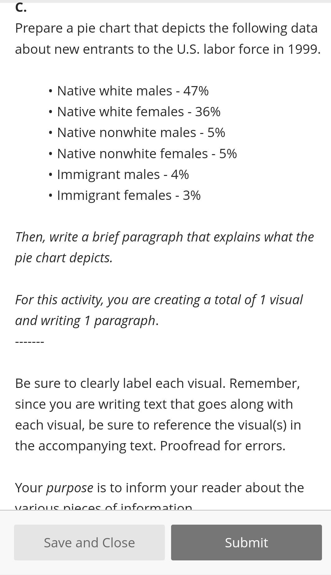 C. Prepare a pie chart that depicts the following