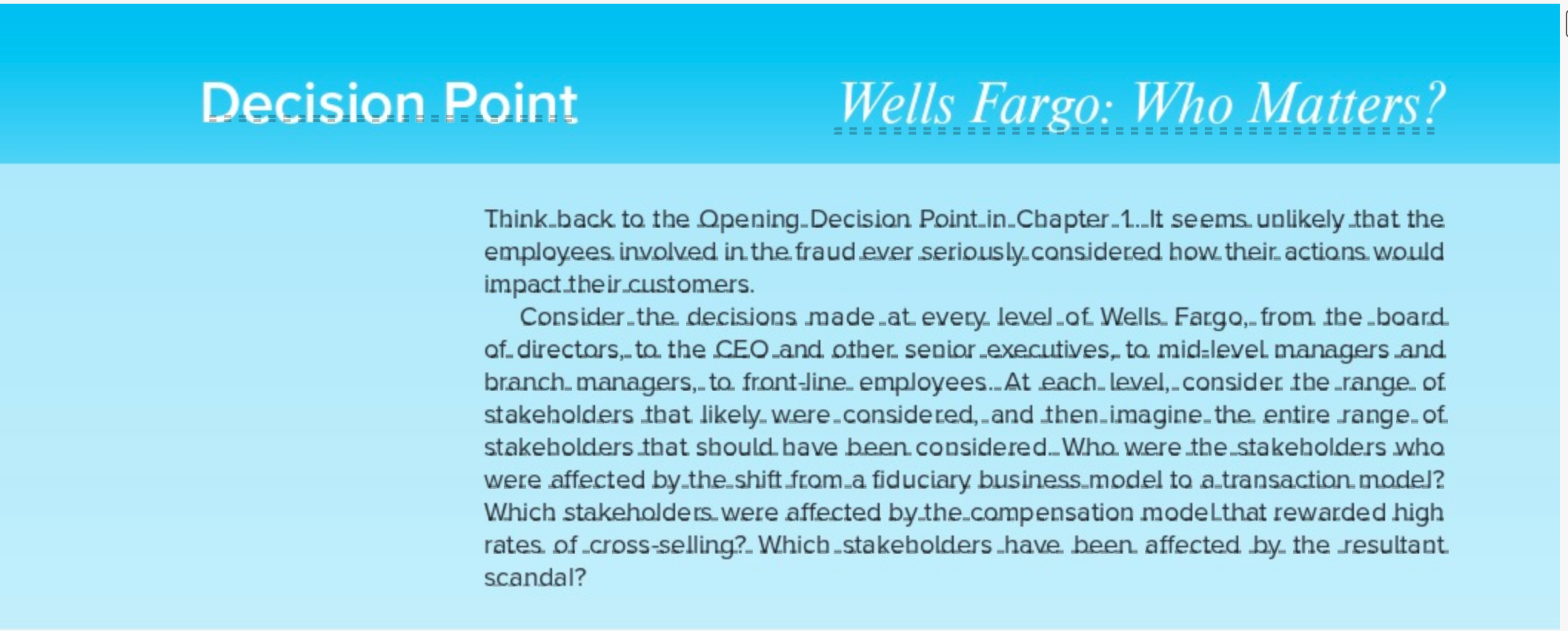 This is for business ethics. Decision Point Wells