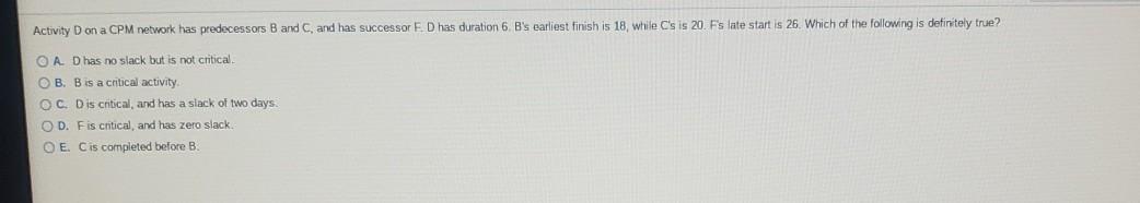 Activity Dona CPM network has predecessors B and